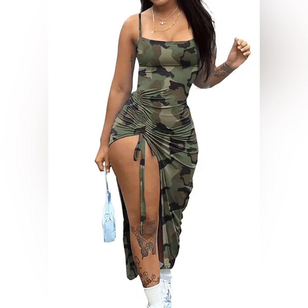 Camouflage Sleeveless Ruched Dress